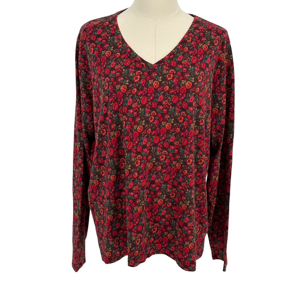 Lands' End Top Red Floral V-Neck Long Sleeve 100% Cotton XL